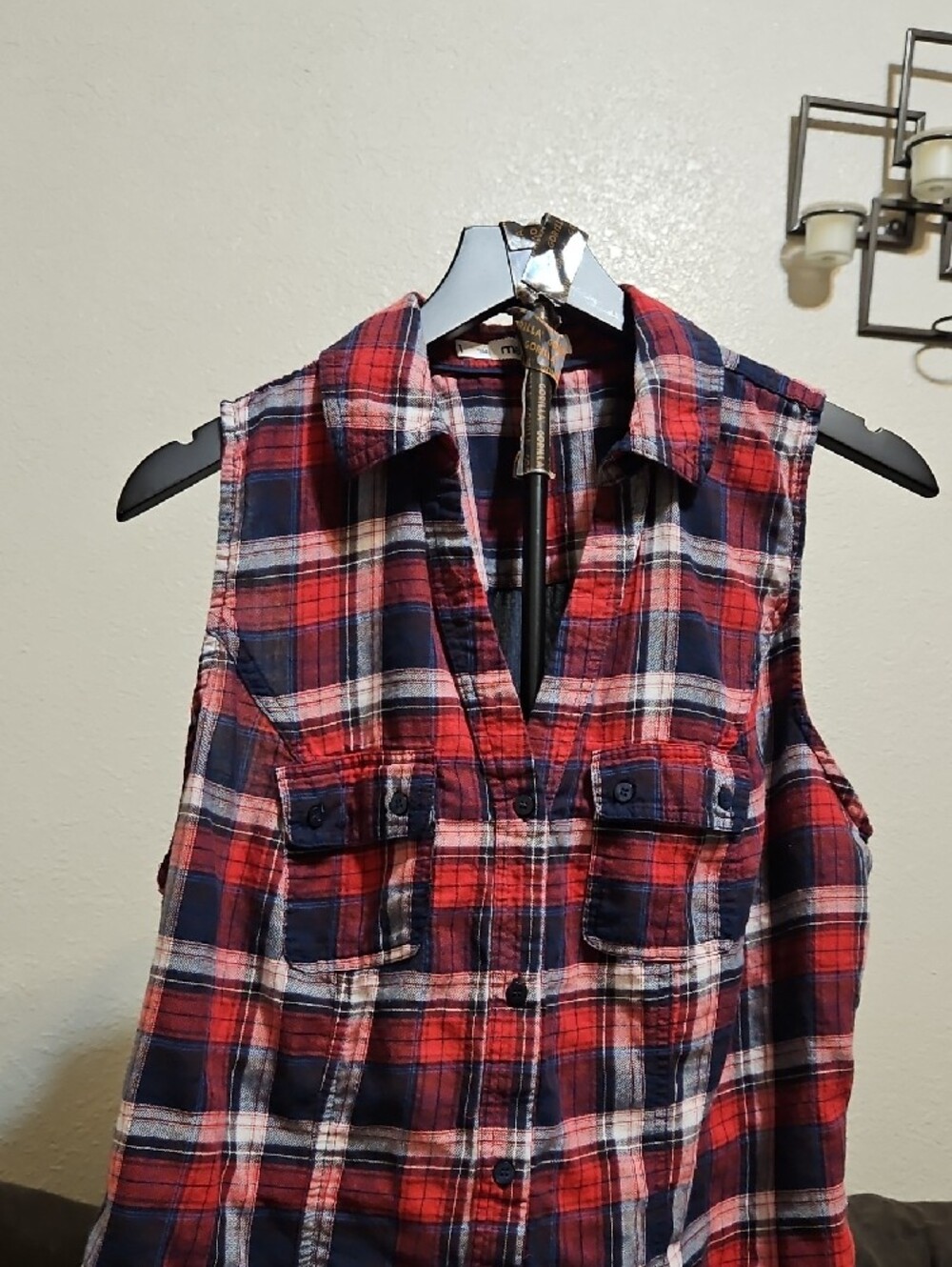 Maurices Red, Navy & White Plaid Sleeveless Button-Up Shirt - Picture 2 of 8